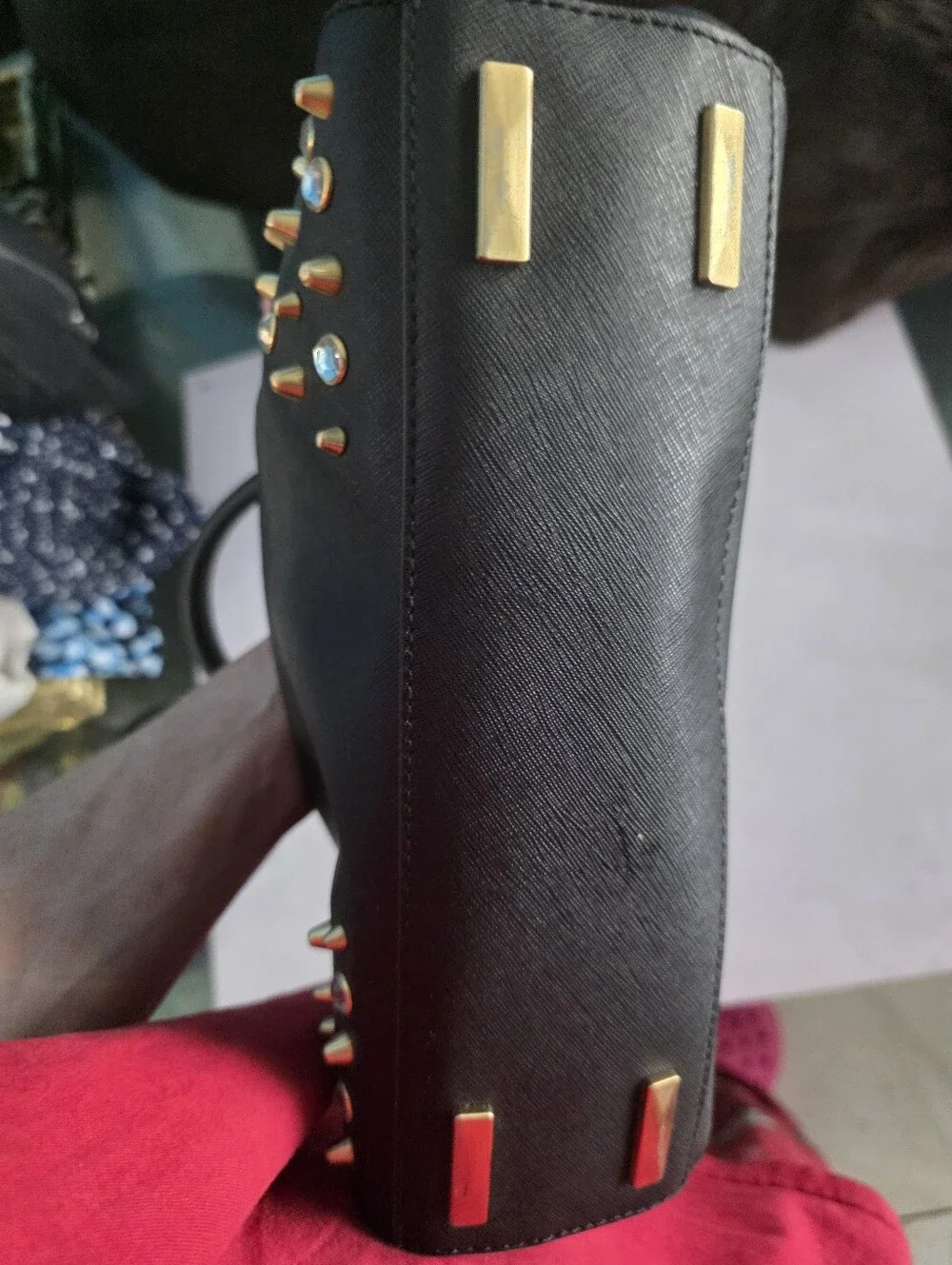 New Rebecca Minkoff Black Studded Satchel Handbag with Gold Accents